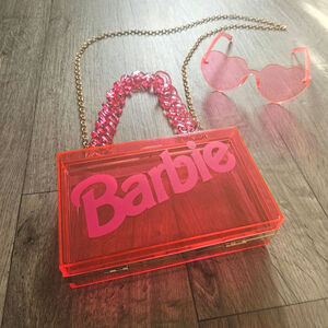 Barbie Acrylic Box Clutch Purse with Chains and Heart Glasses Set